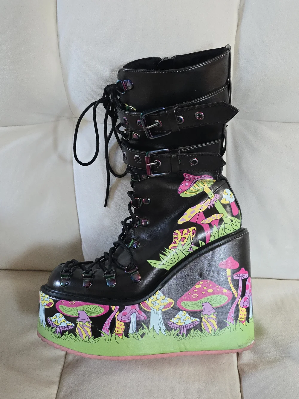 Black Platform Lace-Up Boots with Neon Mushroom Print